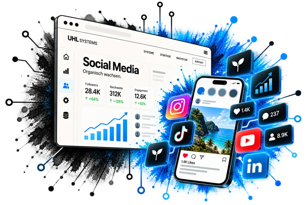 Social-Media-Dashboard mit Followern, Reichweite und Engagement